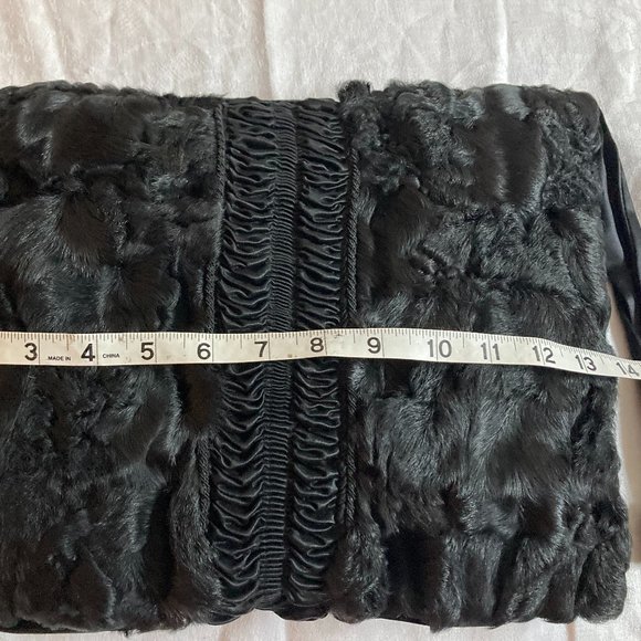 Vintage Black Fur Satin Hand Warmer Muff Bag Clutch Wristlet, Zip Pocket MINT - Picture 6 of 16